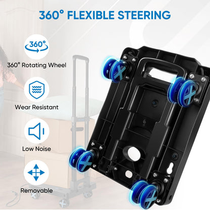 TICONN Folding Portable Dolly Cart, Black, 4-Wheel, 110 lbs Capacity, Adjustable Handle, Silent Wheels