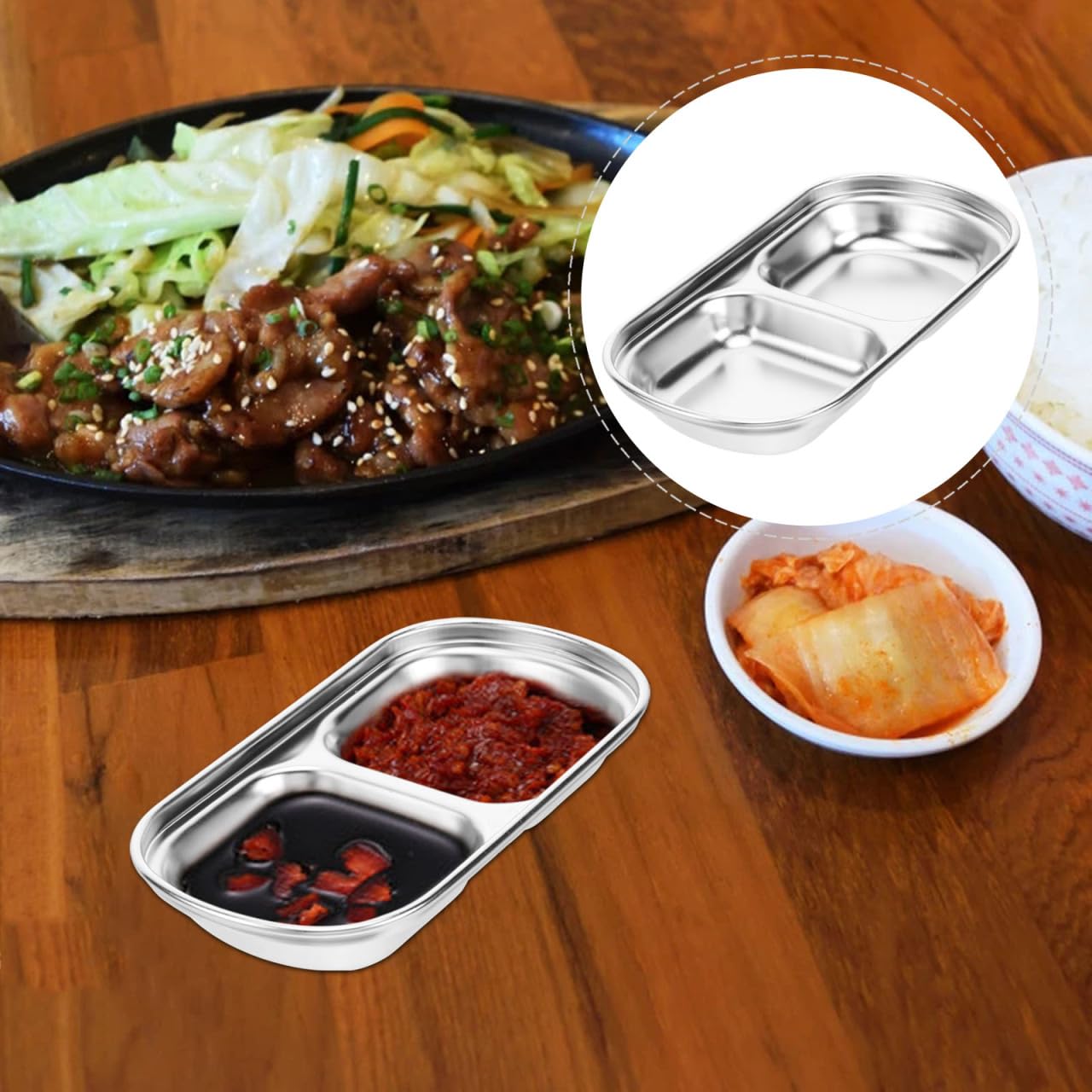 Hemoton 3Pcs Stainless Steel Seasoning Dishes,2 Grid Dipping Sauce Dishes Rectangle,Appetizer Plates,Dipping Sauce Bowl for Soy Vinegar BBQ-Chip and Condiments