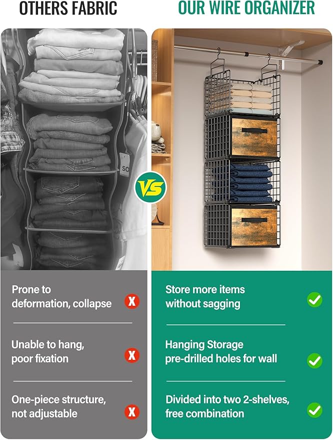 Hanging Closet Organizer with Drawers, 4 Tier Metal Closet Organizers and