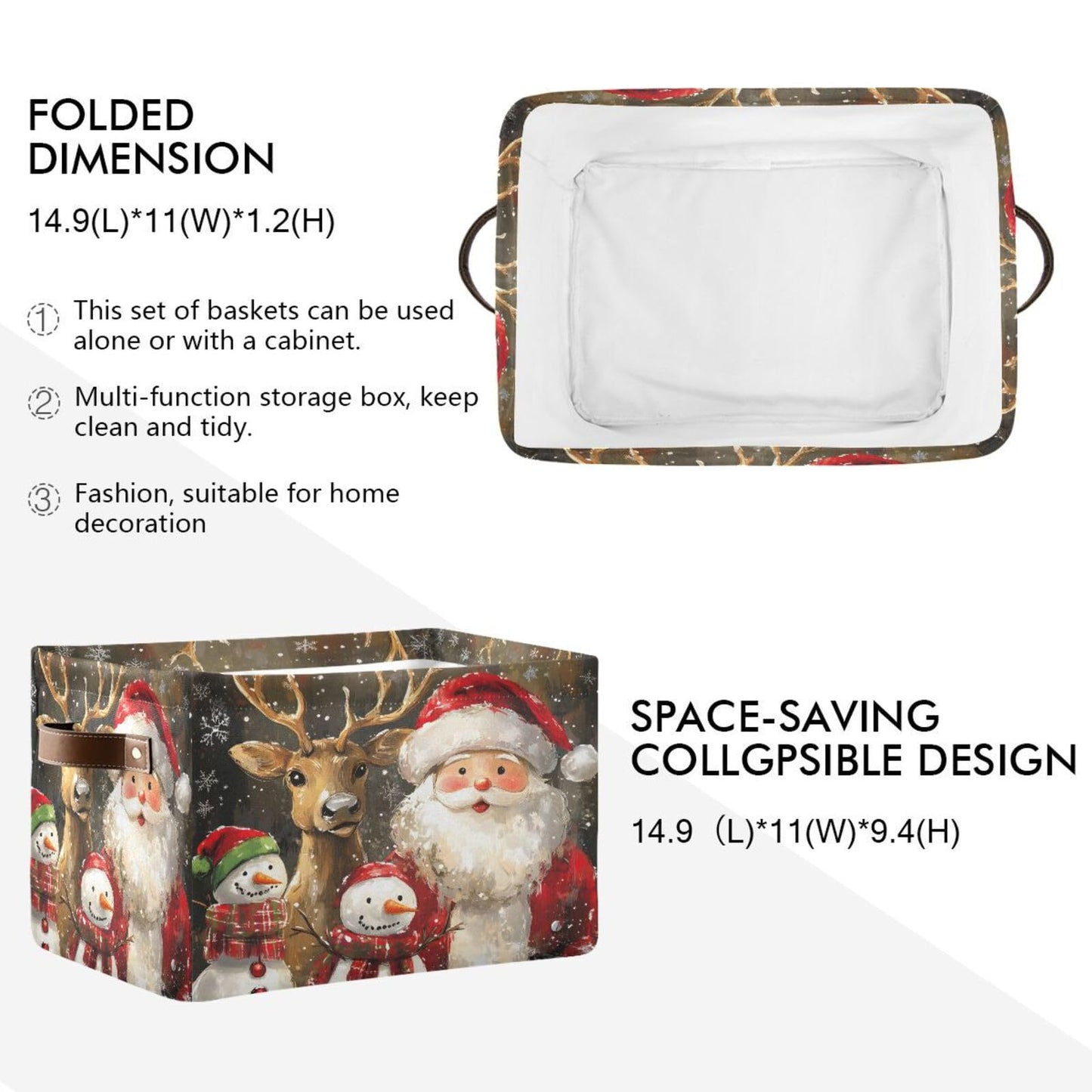Christmas Storage Basket, Reindeer Santa Claus Snowman Foldable Fabric Collapsible Storage Bins Organizer Bag for Storage Clothes