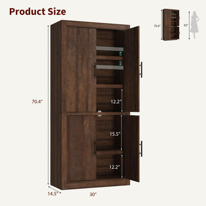IDEALHOUSE Tall Wooden Kitchen Pantry Cabinet, Farmhouse 4-Magnetic Door Freestanding Food Storage Cupboard Pantry Cabinet with Adjustable Shelves & Large Storage for Dining, Living Room, Retro Brown