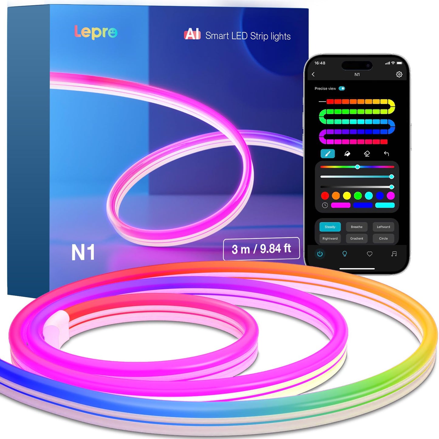 Lepro N1 AI Smart RGB Rope Lights for Christmas, Personalized AI Lighting Designer, LightBeats Music Sync, Color Segment DIY, Voice Control Via App, 9.84ft Wi-Fi & Bluetooth LED Strip Lights