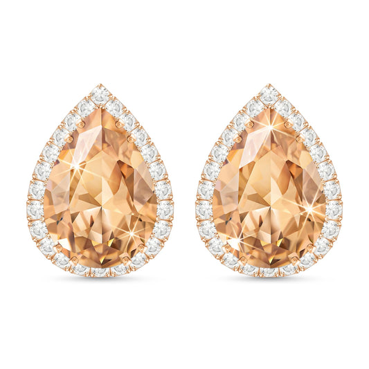 Linawe Rose Gold Color Stud Earrings for Women Trendy, Champagne Orange Rhinestone CZ Cubic Zirconia Birthstone Tear Drop Gem Stone Earrings Stud, Pear Shaped Birthstone Costume Jewelry