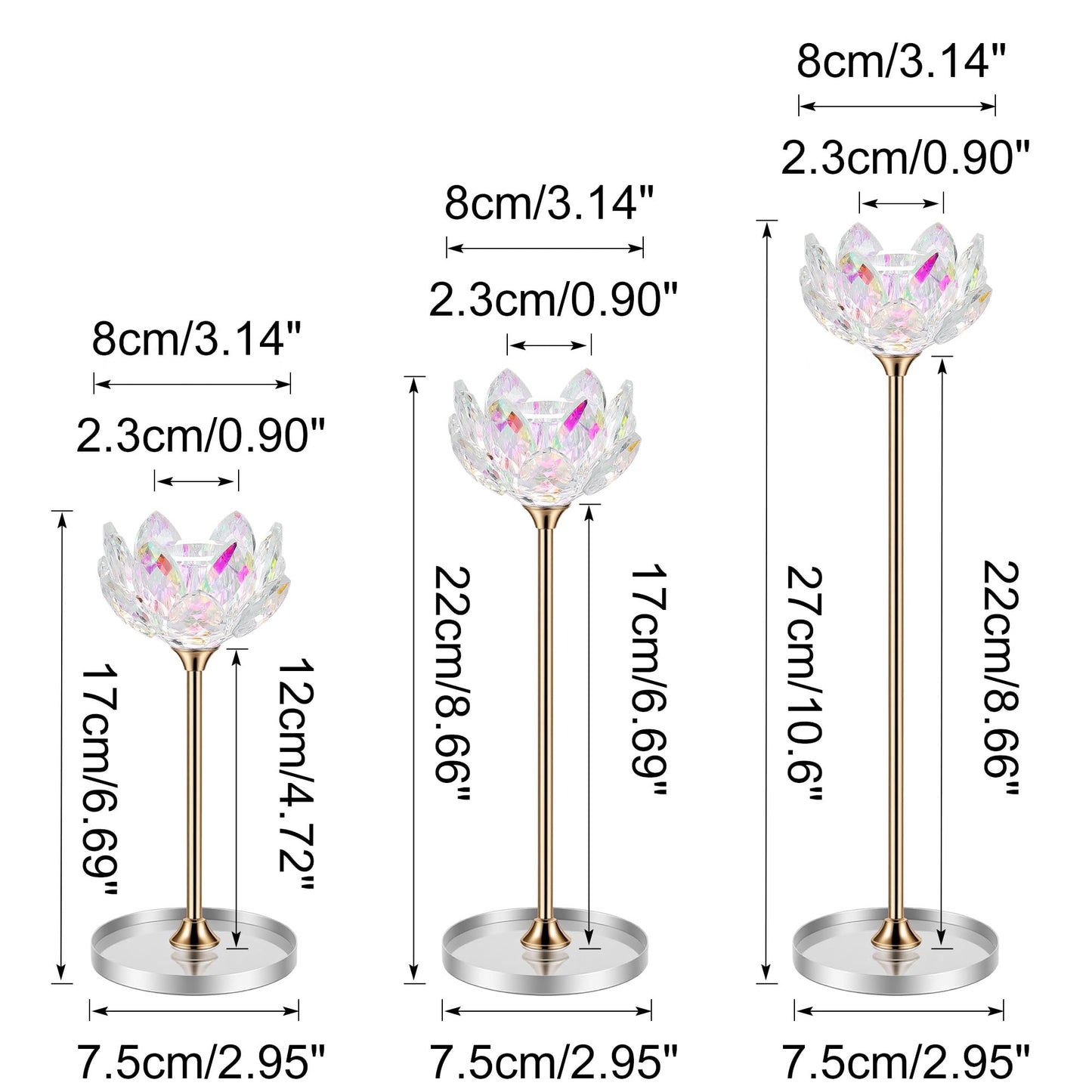 3pcs Crystal Candle Holders, Lotus Flower Candlestick Holders with Mirror Base, Metal Stand, Elegant Table Centerpieces for Home Decor, Wedding, Party (Taper Candle)