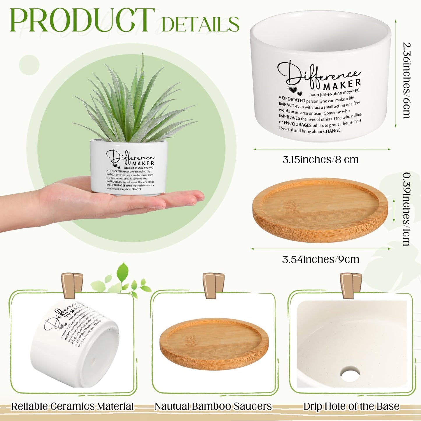 SEEWEY 12 Pcs Difference Maker Employee Appreciation Gifts Succulent Pots Bulk Inspirational for Coworker Team Small Ceramic Plant Pots with Bamboo Trays for Office Staff Women Men