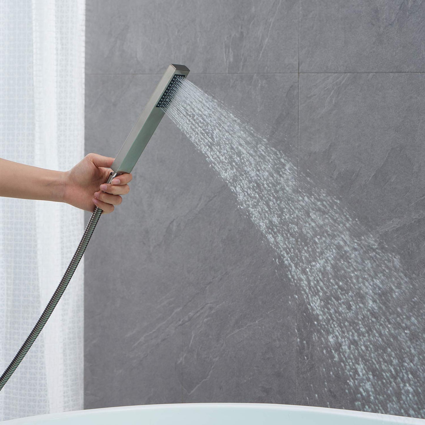 Wowkk Thermostatic Freestanding Bathtub Faucet Waterfall Tub Filler Brushed Nickel Floor Mount Brass Bathroom Faucets with Hand Shower