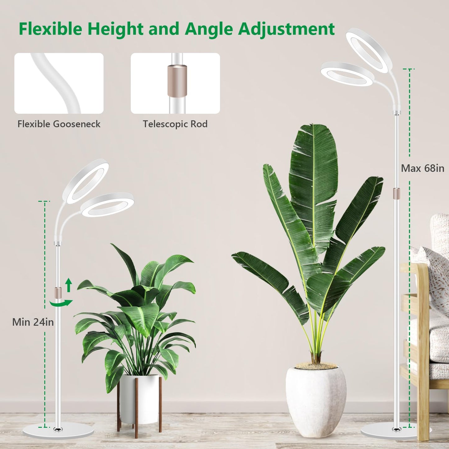Aumtrly Large Plant Light for Indoor Plants, 2 Head Full Spectrum Grow Light with 68" Adjustable Stand for Growing Large Tall Plants, White Halo Floor LED Grow Lamp with 16 Hour Timer
