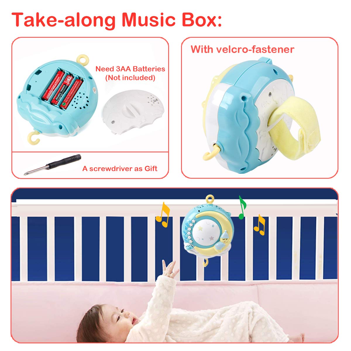 Mini Tudou Baby Musical Mobile Crib with Music and Lights, Timing Function, Projection, Take-Along Rattle and Music Box for Babies Boys Girls Toddlers