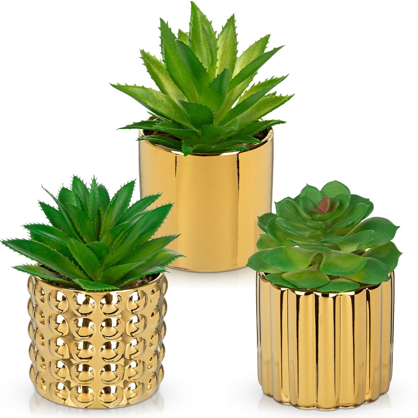 Briful Succulents Plants Artificial in Gold Ceramic Pots (Set of 3), Small Fake Plants for Home Office Desk Decor – Modern Mini Potted Succulents for Bathroom, Bedroom, Living Room Table, Shelf
