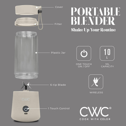 COOK WITH COLOR Mini Portable Blender - 250W Power, 12oz Capacity, Stainless Steel Blade, Wireless/USB Rechargeable, Grey
