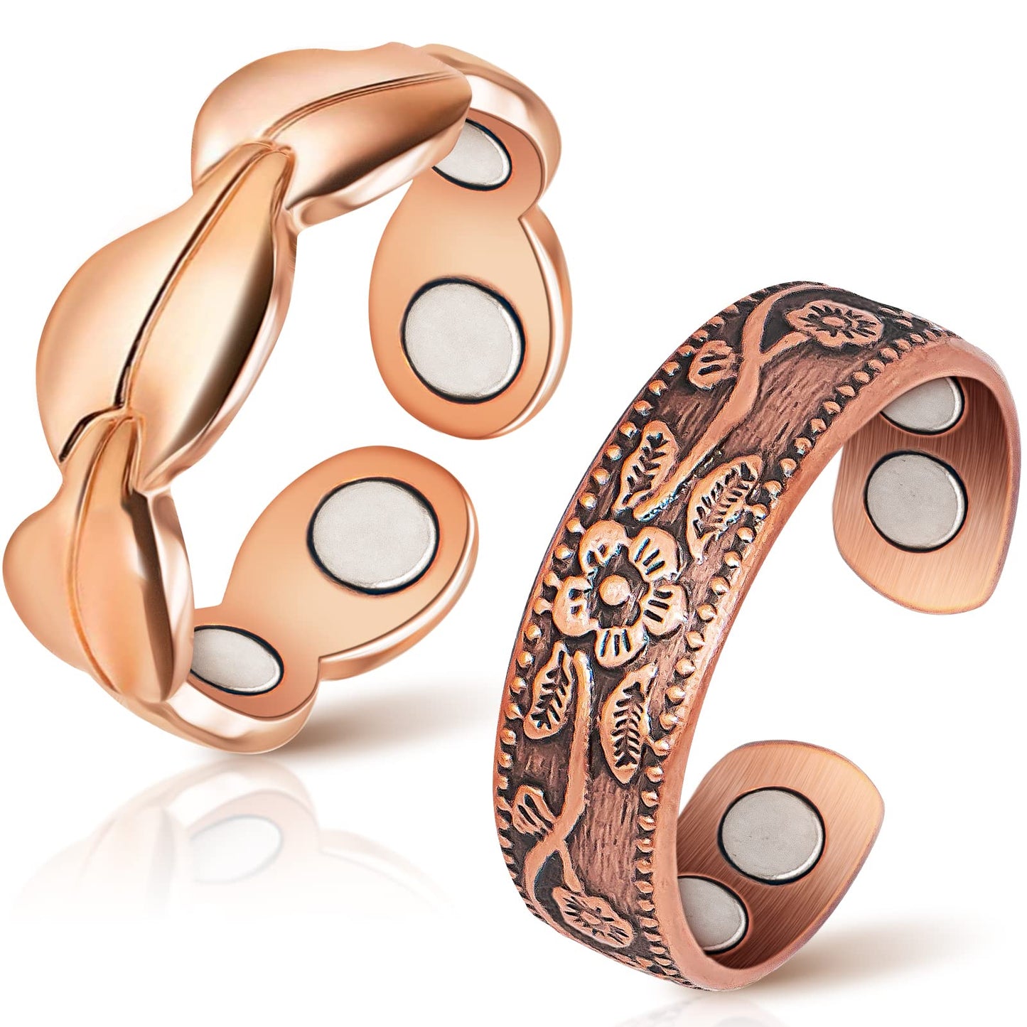 Copper Rings for Women Magnetic Rings Finger Thumbs 3500 Gauss Strong Magnets -100% Solid Pure Copper Ring with Jewelry Gift Box (2PCS)