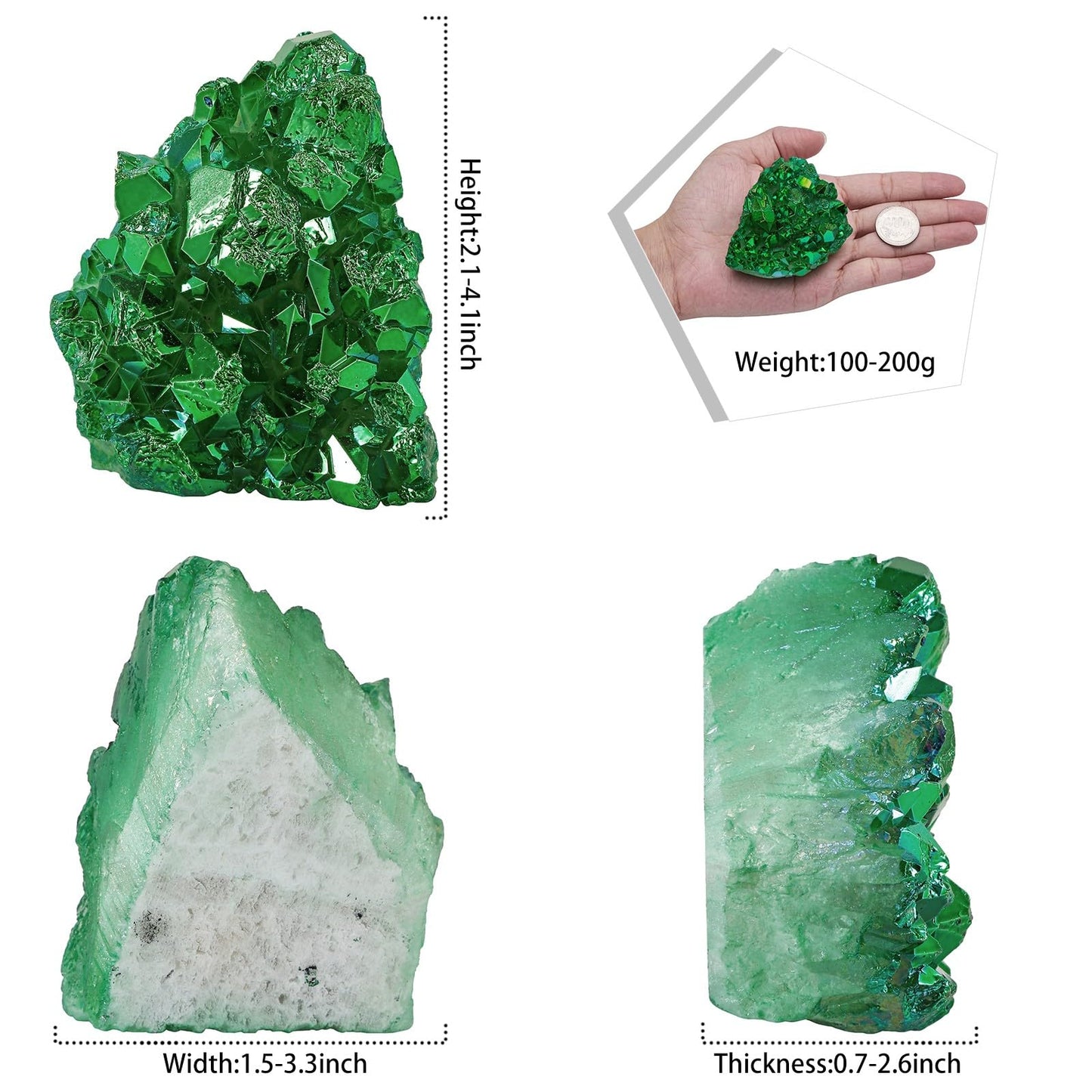 SUNYIK Green AB Titanium Coated Rock Quartz Cluster Irregular Crystal Geode Stone Specimen Decor for Home Office Meditation, 2.1-4.1"