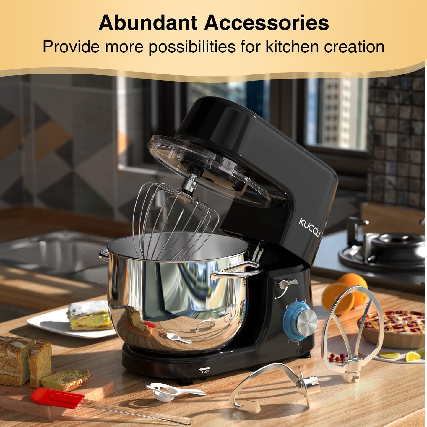 9.5 QT Double Handle KUCCU Stand Mixer, 6 Speed with Pulse Electric Kitchen Mixer, 660W Tilt-Head Food Mixer with Dishwasher-Safe Dough Hook, Flat Beater, Whisk, Splash Guard for home baking (Silver)