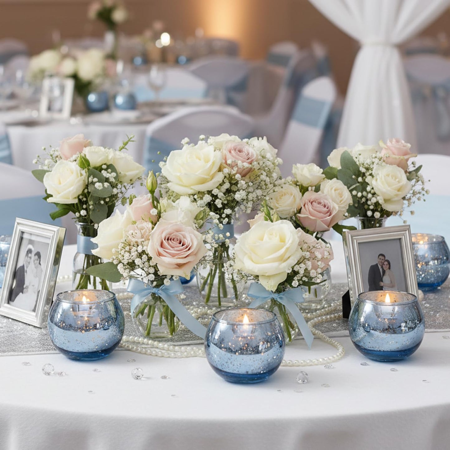 LAMORGIFT 24 Pcs Blue Votive Candle Holders- Blue Centerpieces for Tables, Round Mercury Glass Candle Holder for Wedding Decor, Bridal Shower Decorations