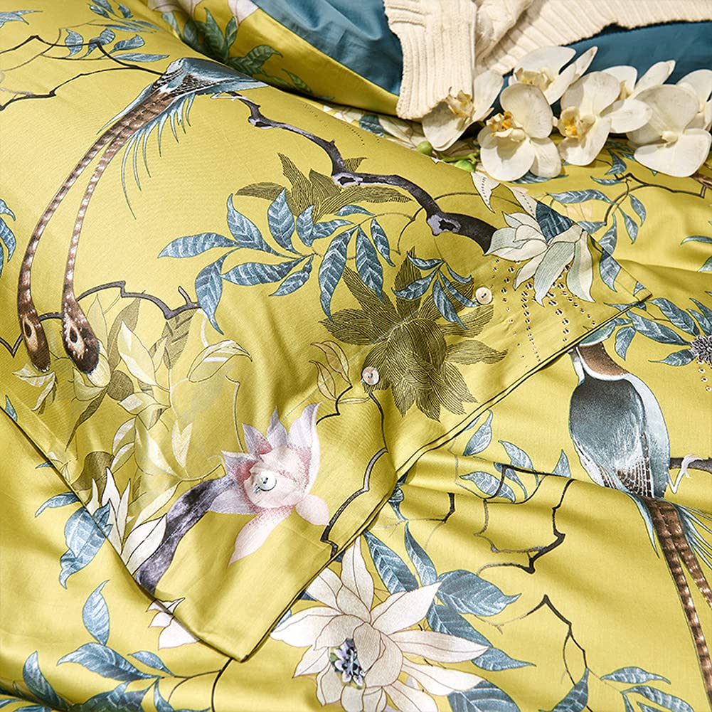 mixinni King Size Flowers and Birds Pattern Printed Gold Bed Pilowcase 100% Cotton Pillow Cover 20 x 36 Inches Set of 2 (King, 5209-Pillowcases)