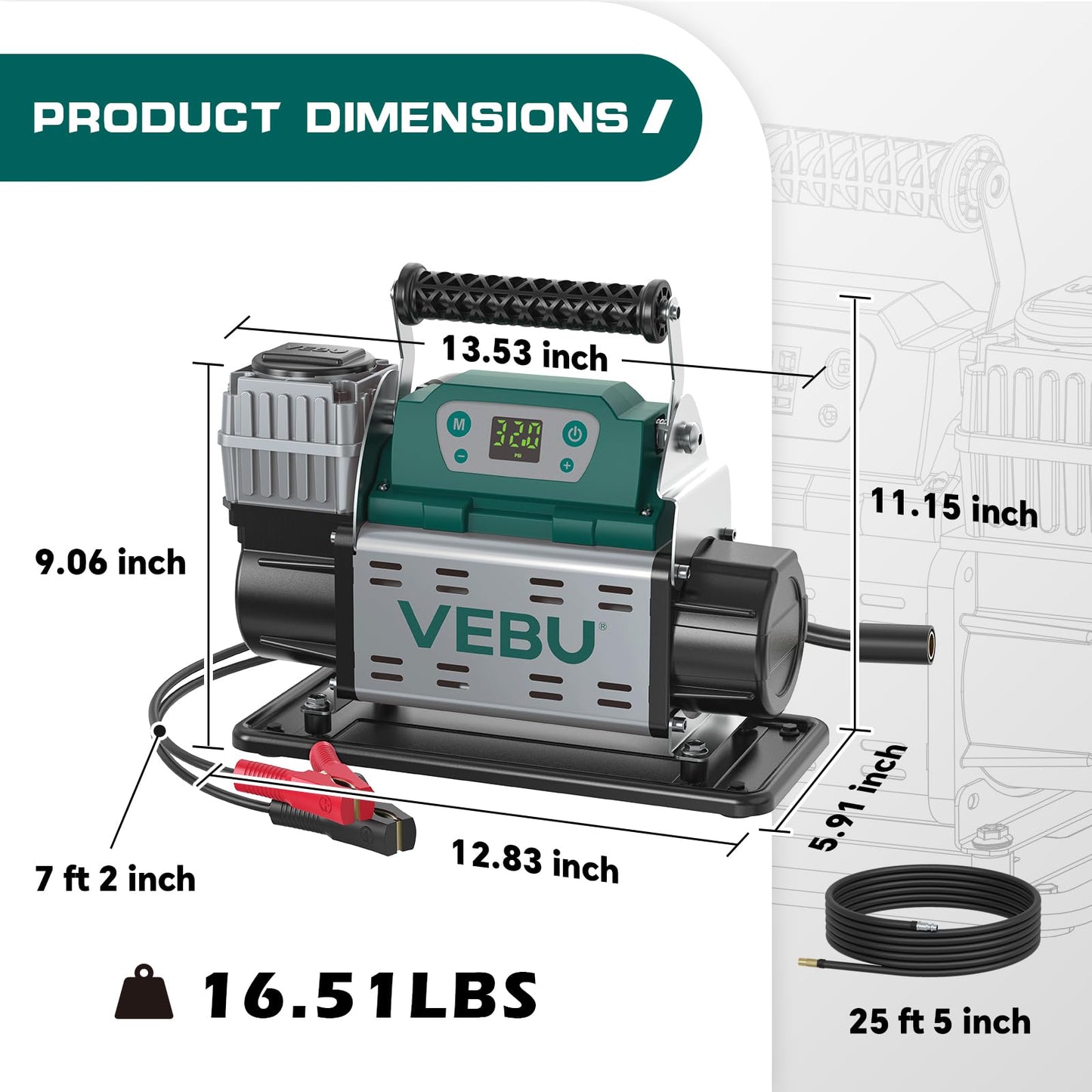 VEBU ‌RV Air Compressor 12V Tire Inflator, 150PSI with Auto Shut-off, Digital Display & Preset, 5.65CFM Fast Inflation for Off-road Vehicles, Trucks, SUVs, RVs, ATVs, Corded Electric
