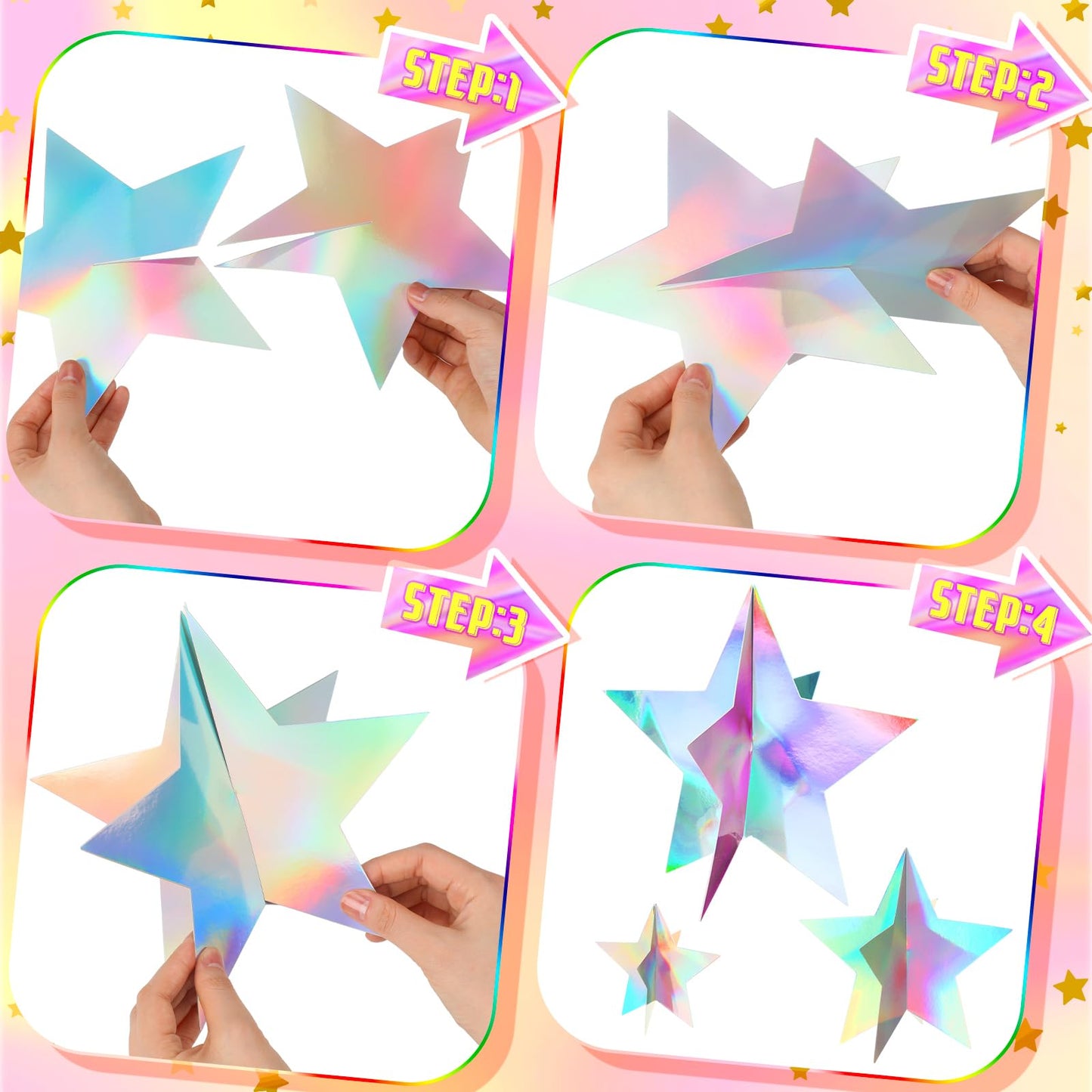 Sinload 45 Pcs 3D Glitter Iridescent Star Decorations 3 Sizes Holographic Star Standing Hanging Centerpieces for Back to School Disco Karaoke Music Wedding Mermaid Birthday Starry Movie Night Party