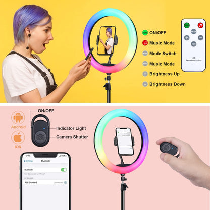 Herrfilk 13" Ring Light with Tripod Stand & Phone Holder, LED Ring Light for Phone with 3 Light Color Temperatures, 12 Brightnesses, 48 RGB Light Modes, Ringlight for Selfie, YouTube, Tik Tok