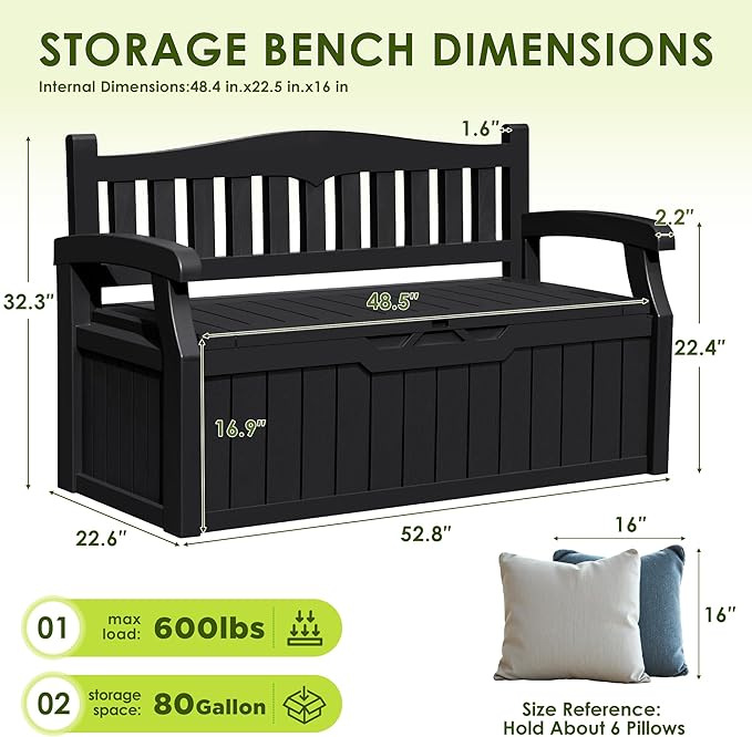 Greesum 80 Gallon Outdoor Storage Bench, Weather-Resistant Deck Box, Patio Furniture Bench for Backyard, Garden, Porch, Large Capacity Seat for Pillows Cushions Patio Accessories, Dark Black