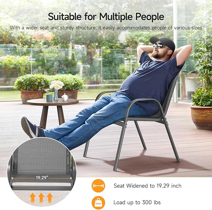 ONBRILL Patio Chairs set of 4, Easy Assembly Stackable Outdoor Dining Chairs with Wide Seat and Sturdy Metal Frame, Breathable All Weather Textilene Outdoor Chairs Set of 4 for Deck, Pool, Porch, Grey
