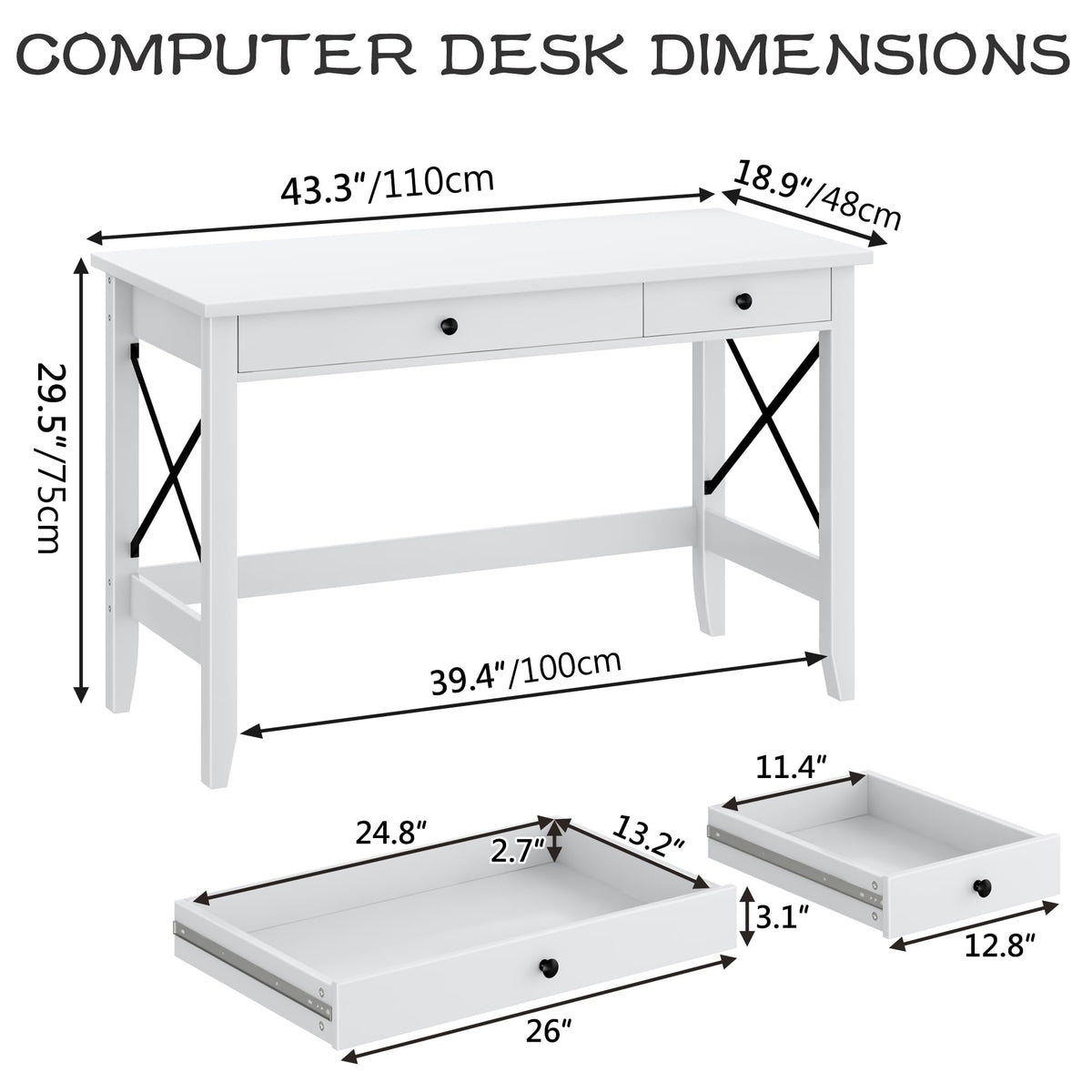 JSB 43.3'' White Computer Desk for Home Office,Farmhouse Executive Desk with 2 File Drawers,Study Writing Table Storage Cabinet,Makeup Vanity Desk for Bedroom (White, 43.3in)