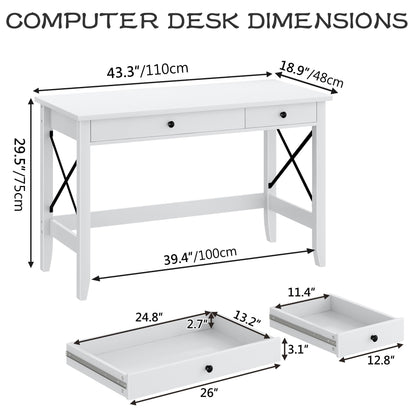 JSB 43.3'' White Computer Desk for Home Office,Farmhouse Executive Desk with 2 File Drawers,Study Writing Table Storage Cabinet,Makeup Vanity Desk for Bedroom (White, 43.3in)