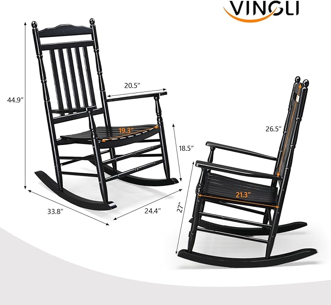 VINGLI Wooden Rocking Chair, Outdoor Chair with 450 lbs Support, Relaxing Rocker with Solid Wood High Back Seat Reclining Seat for Deck, Garden, Backyard, Porch, Indoor or Outdoor Use (Black, 2PCS)