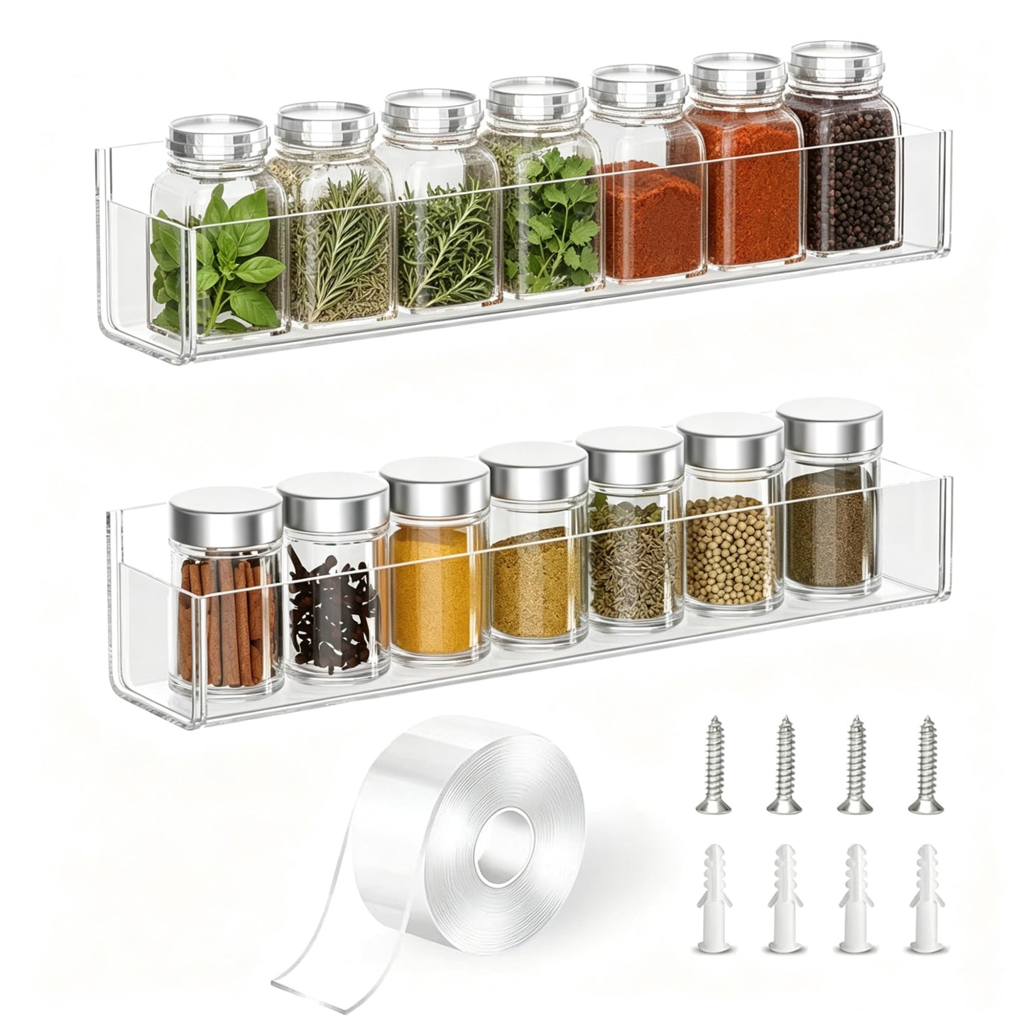 PMMASTO Adhesive Acrylic Spice Rack Organizer for Wall with Nano Double Sided Tape, Spice Shelf Organization for Kitchen Cabinet Door/Pantry Door, Wall Mount Seasoning Rack (Clear-2 Pack)