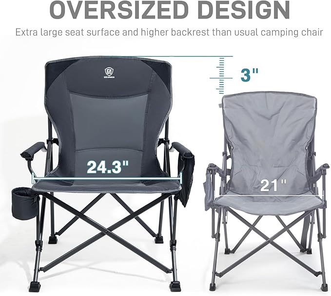EVER ADVANCED Oversized Folding Camping Chair for Adults, Heavy Duty Lawn Chair with Side Pockets, Portable Collapsible Quad Chair for Outside, Support Up to 500lbs, Grey 2PACK