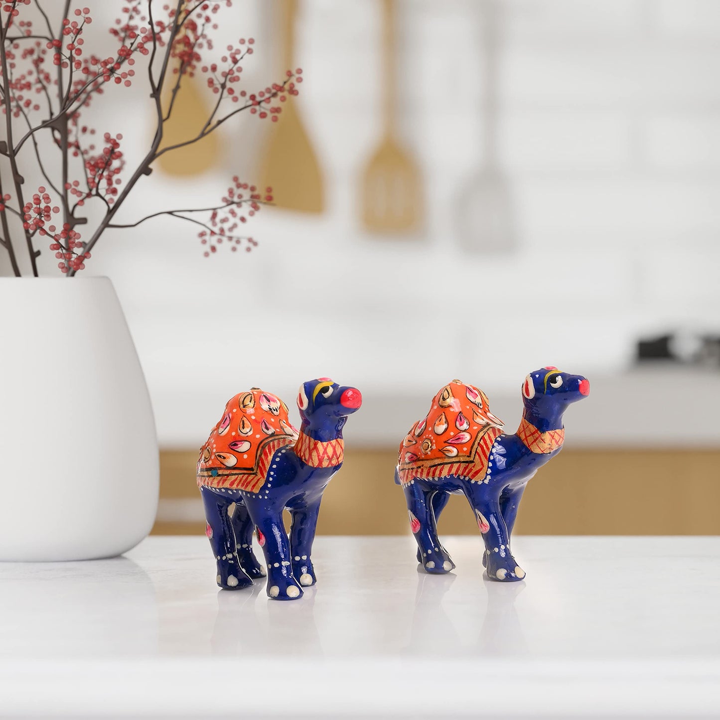 Tarini Gallery Minakari Traditional Indian Rajasthani Décor Hand Painted Statue Sculpture Figurine Festive Decoration Showpiece for Table Home Office and Gifting (Blue Camel Set of 2)