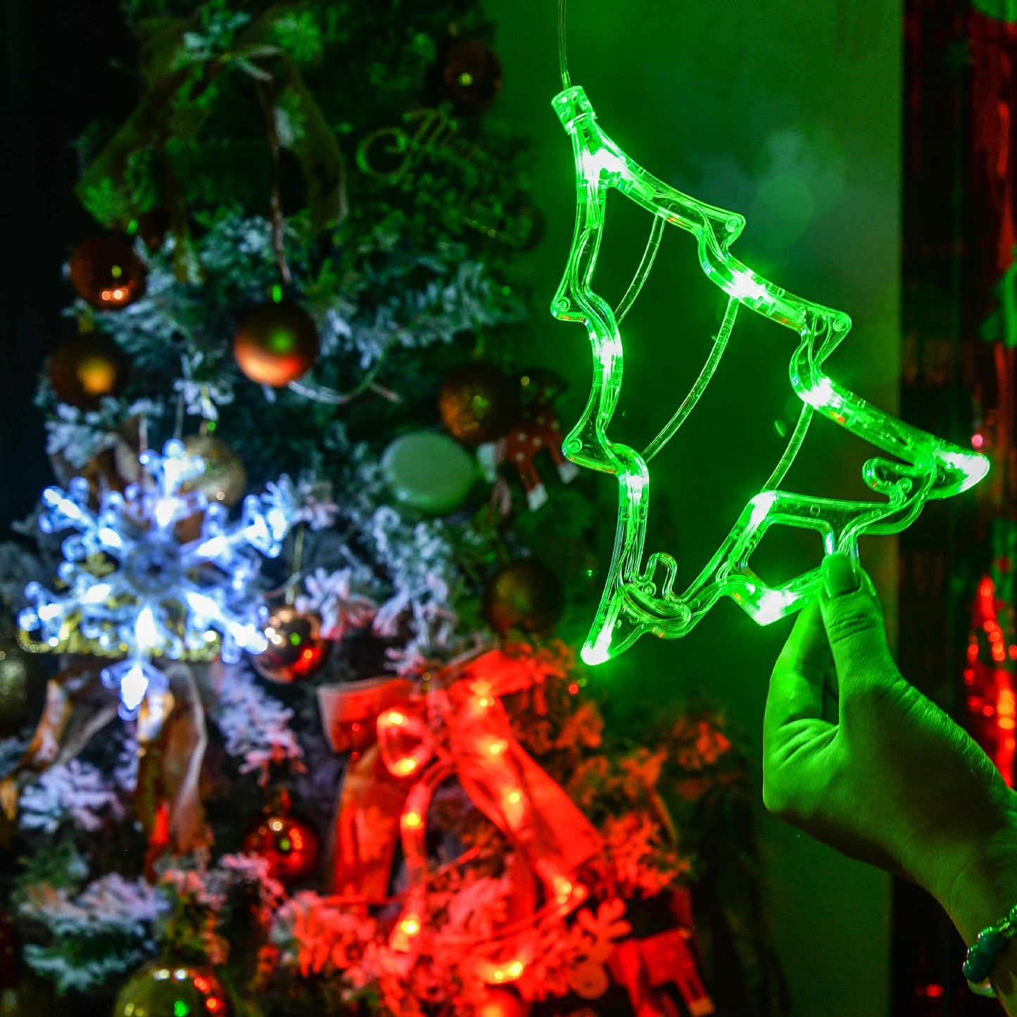 LOLStar Christmas Window Decorations,3 Pack Jingling Bell,Christmas Tree,Snowflake Christmas Window Lights with Suction Cup, Timer Function & Slow Fade Mode Battery Operated Indoor Lights