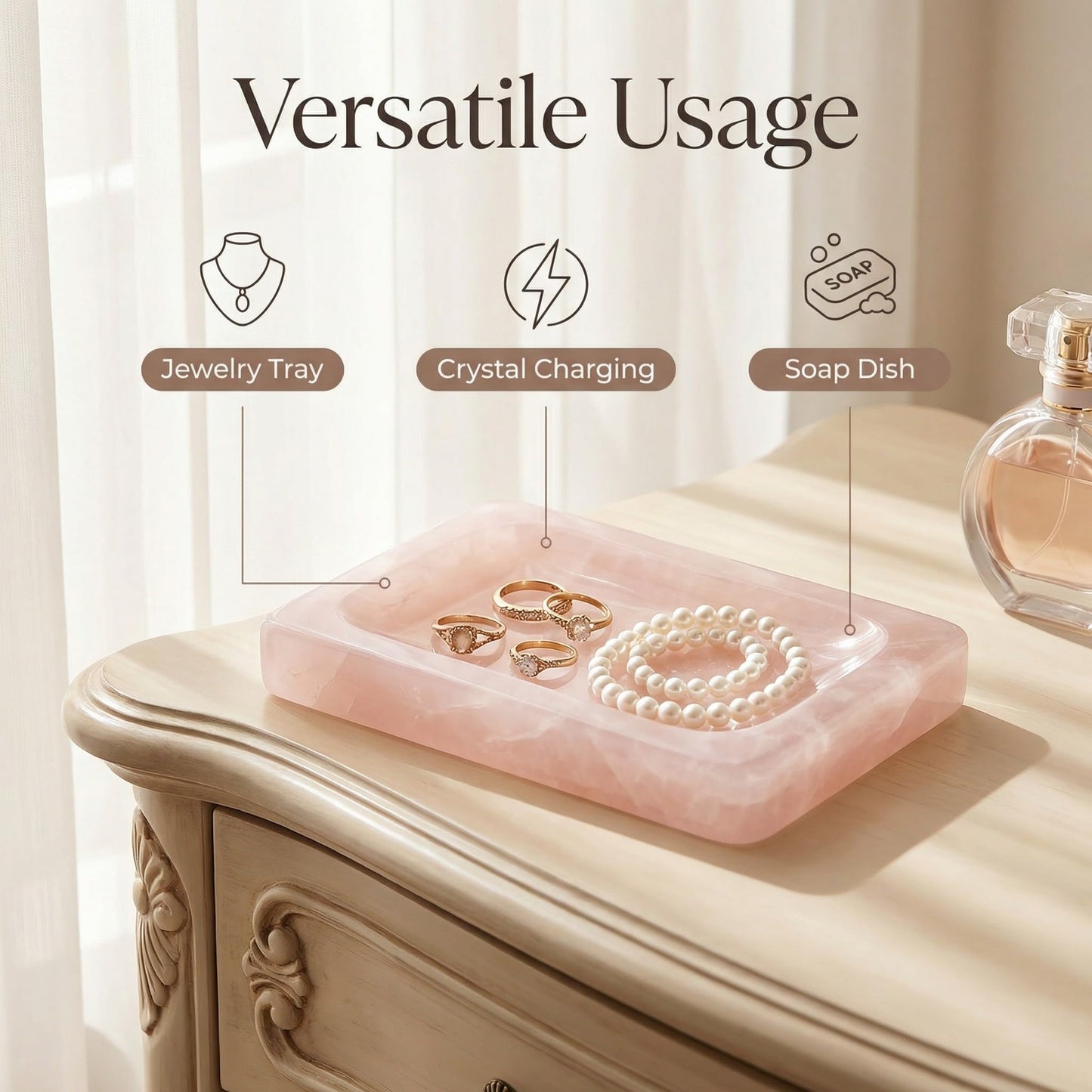 Lierlava Small Rose Quartz Soap Dish & Ring Holder - 4.3" Natural Pink Crystal Jewelry Tray - Mini Stone Decorative Dish for Bathroom Vanity & Nightstand