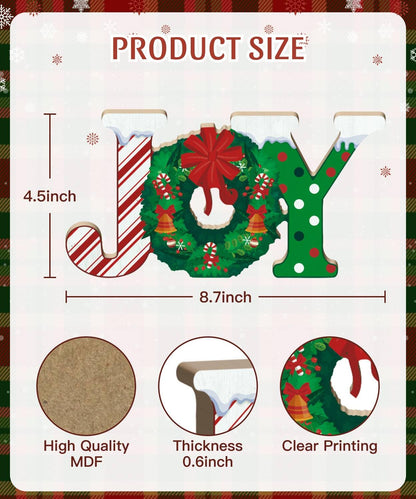 Putuo Decor Christmas Table Decor, Red Joy Christmas Letters Decorations Indoor with Wreath Candy Cane Pattern, Wooden Joy Christmas Sign for Home Fireplace Mantel Xmas Holiday Decor