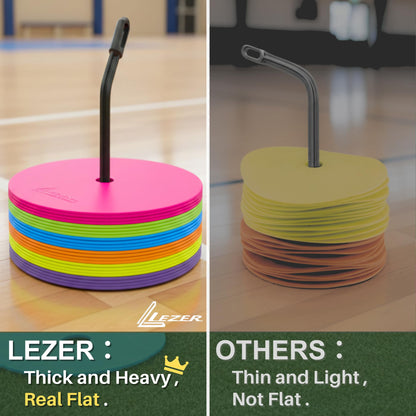 LEZER 9 Inch Flat Cones, Spot Markers, Soccer Cones, Field Court Markers, Sit Spots, Flat Discs, Soccer Training Equipment, Agility Practice, Football, Made in Taiwan, Set of 24