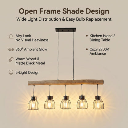 5-Light Farmhouse Kitchen Island Lighting with Glass Lampshade, Dining Room Light Fixtures Over Table, Wood Vintage Ceiling Chandelier for Living Room, Black