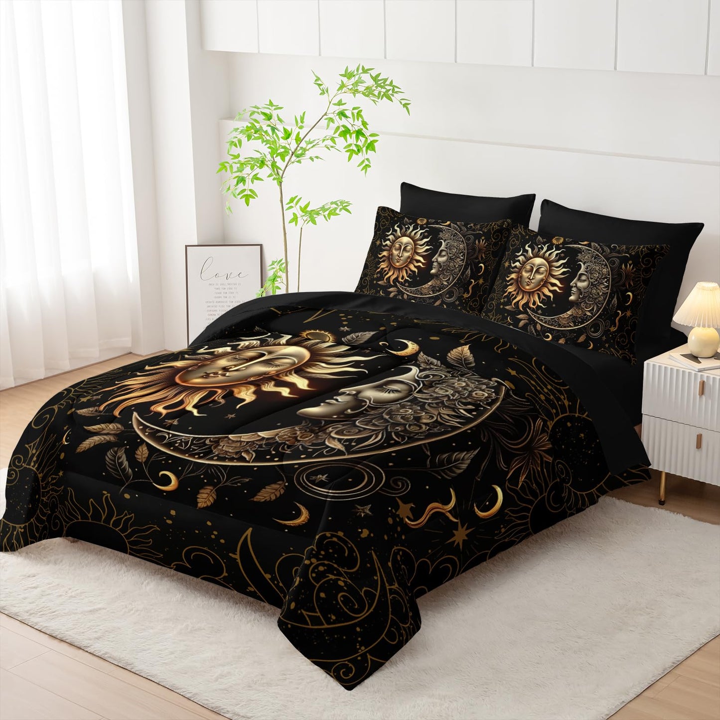 AILONEN Sun and Moon Comforter Set Twin - 7Pcs Soft Black Gold Boho Bed in a Bag -Including Comforter,Fitted Sheet,Flat Sheet,2 Pillowcases,2 Pillow Shams for Room