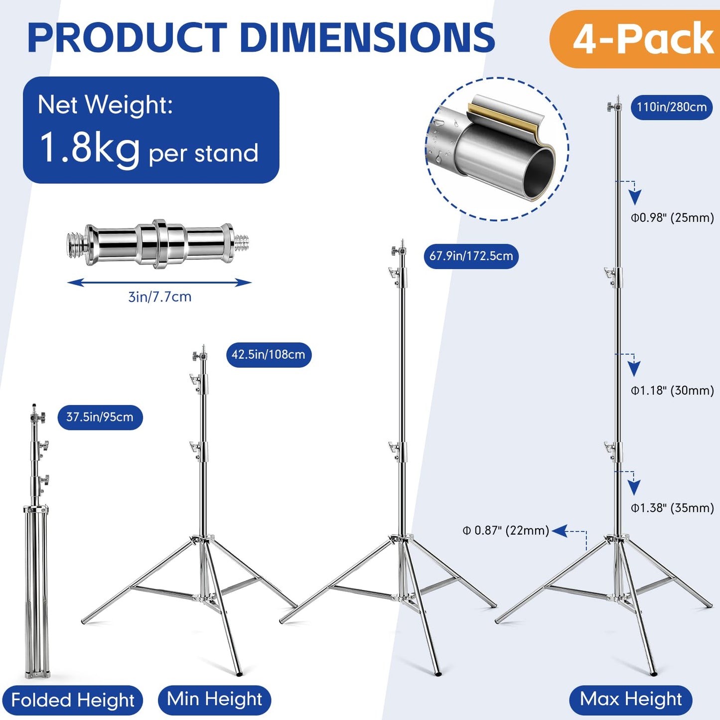 Tellegloww 4 Pack 9.2 FT Stainless Steel Light Stand Photography with 1/4” to 3/8” Screw Adapter Heavy Duty Photography Tripod Lights Stand for Strobe LED Video Lights Ring Light Monolight Softbox