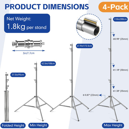 Tellegloww 4 Pack 9.2 FT Stainless Steel Light Stand Photography with 1/4” to 3/8” Screw Adapter Heavy Duty Photography Tripod Lights Stand for Strobe LED Video Lights Ring Light Monolight Softbox