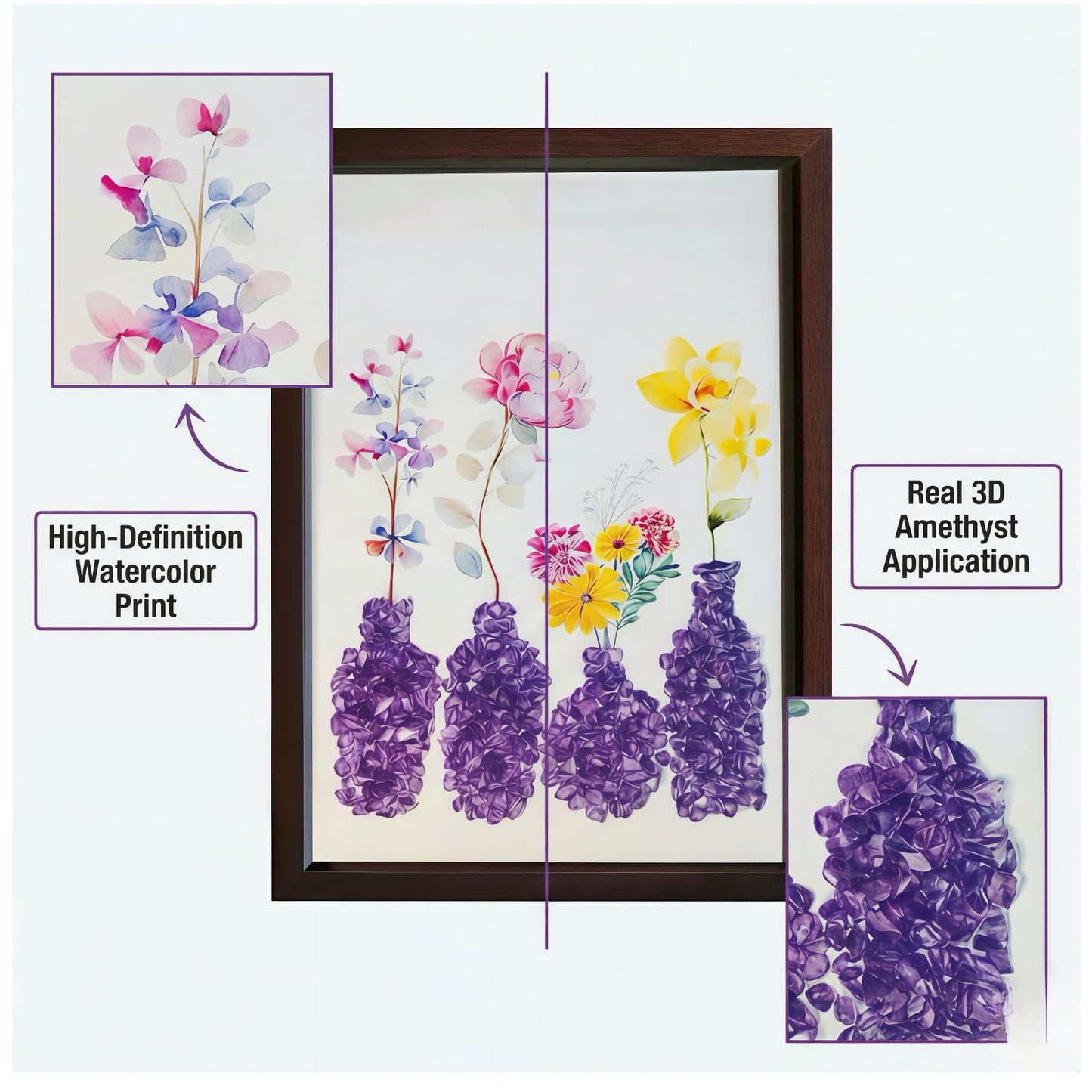 Boohyjtong DIY Real Amethyst Crystal Art Kit with Frame - 3D Purple Gemstone Vase Wall Decor - Natural Healing Stone Mosaic Craft for Adults - Relaxing February Birthstone Gift for Women