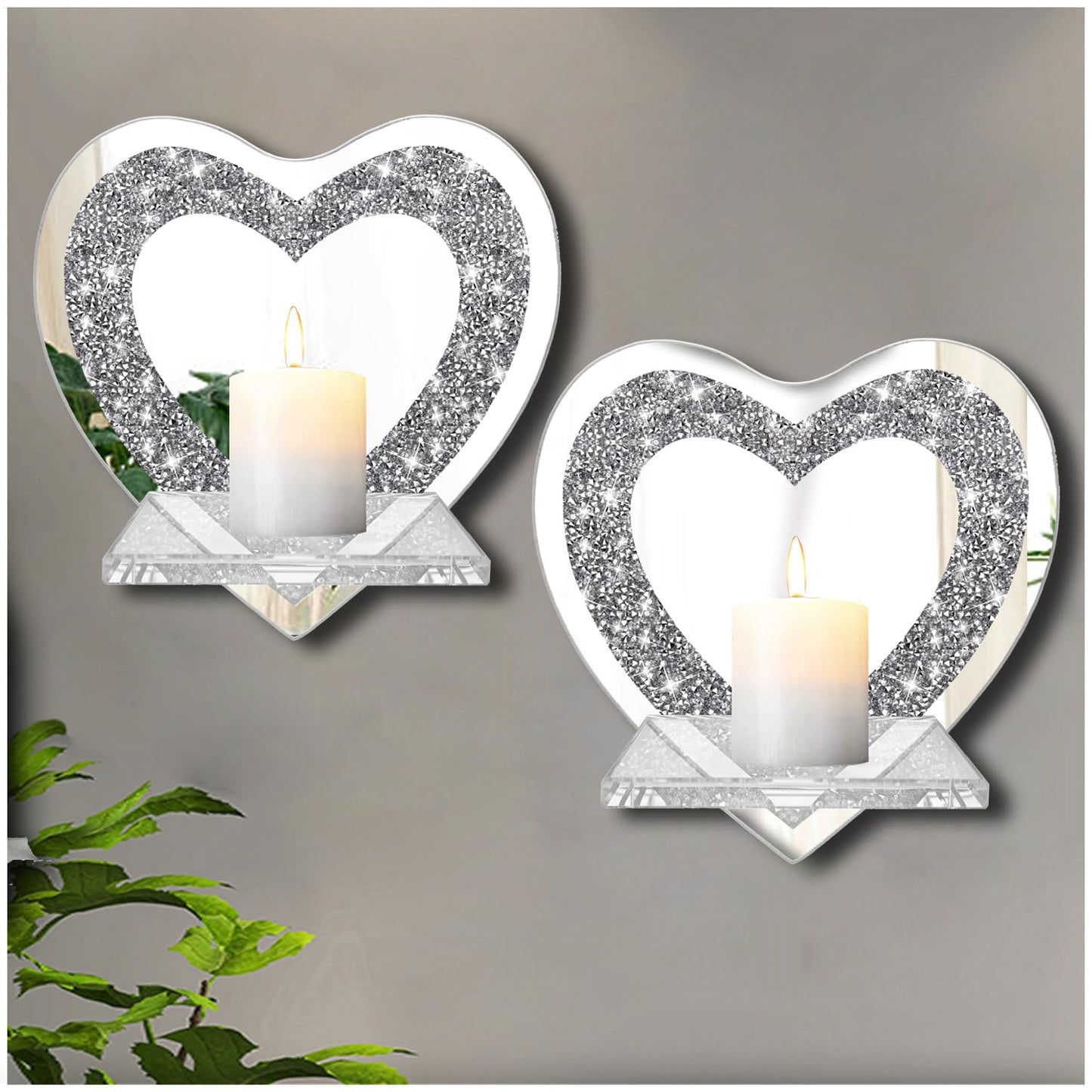 ZOLAPI Set of 2 Crystal Crush Diamond Candle Sconces, Gorgeous Silver Mirrored Wall Sconce, Candle Holder Glass Wall Decorations for Home Décor, Living Room, Dining Room.Heart Shaped