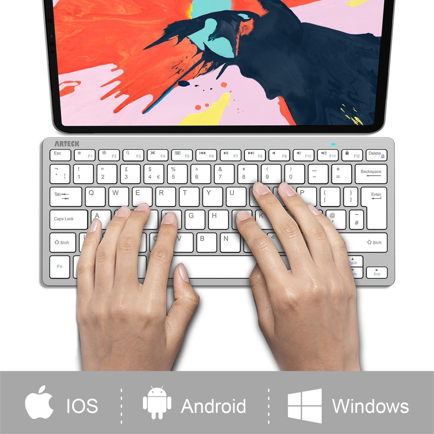 Arteck Ultra-Slim Bluetooth Keyboard Compatible with iPad 10.2-inch/Air/ 9.7-inch/Pro/Mini, iPhone and Other Bluetooth Enabled Devices Including iOS, Android, Windows, Silver