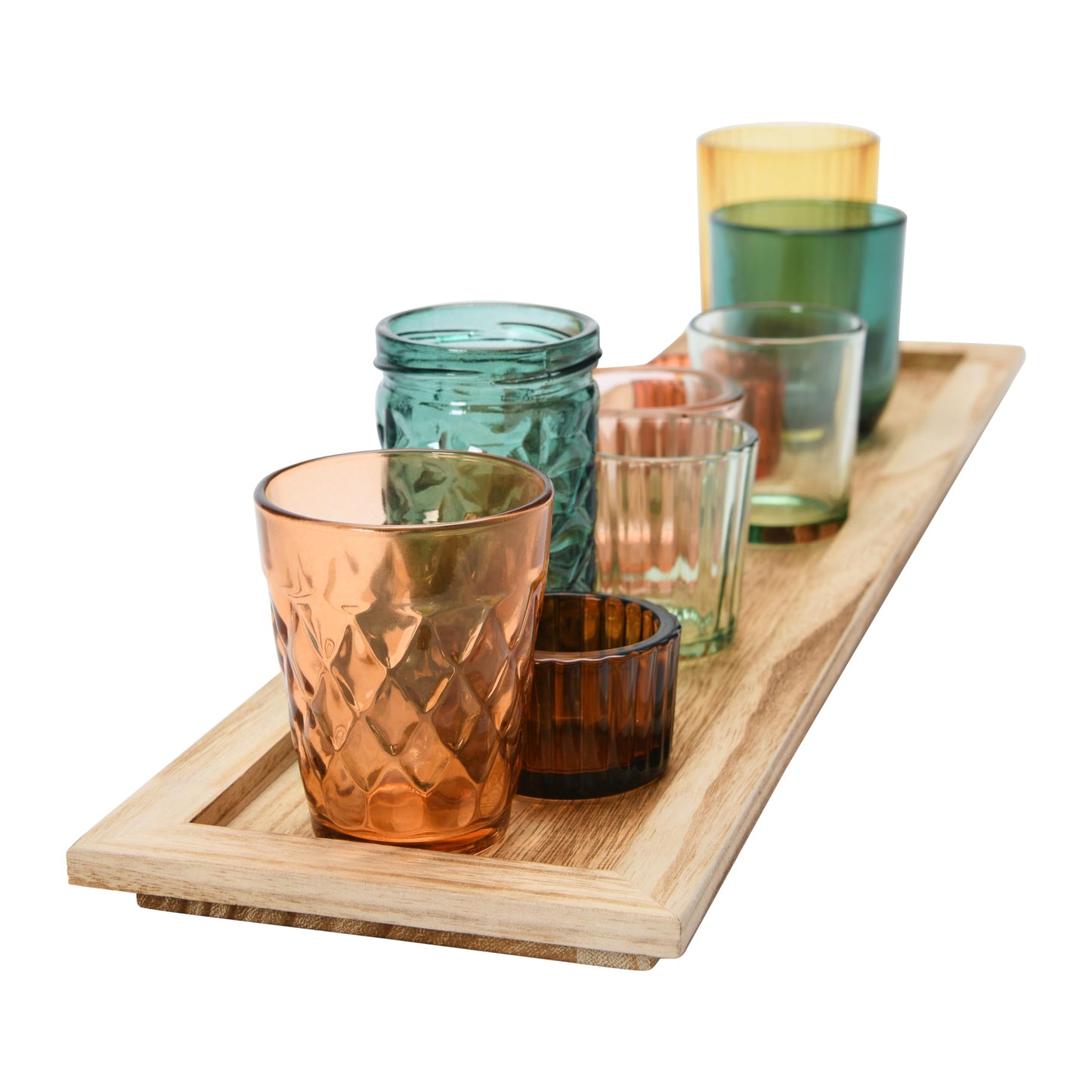 Creative Co-Op Round Glass Votive Holders on Wood Tray, Multicolor, Set of 9