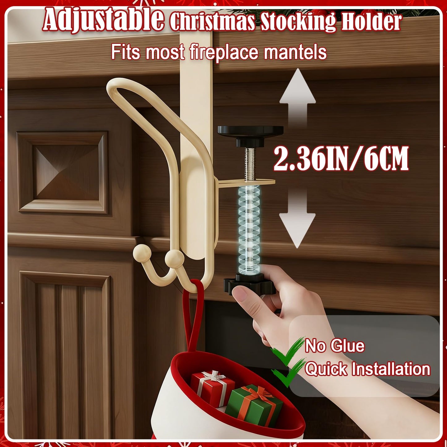 TGLIFEVER Fireplace Stocking and Garland Hanger with Double Hooks, 2 in 1 Mantel Hangers for Garland, Heavy Duty No Drill Christmas Stocking Holder for Party Home Decoration