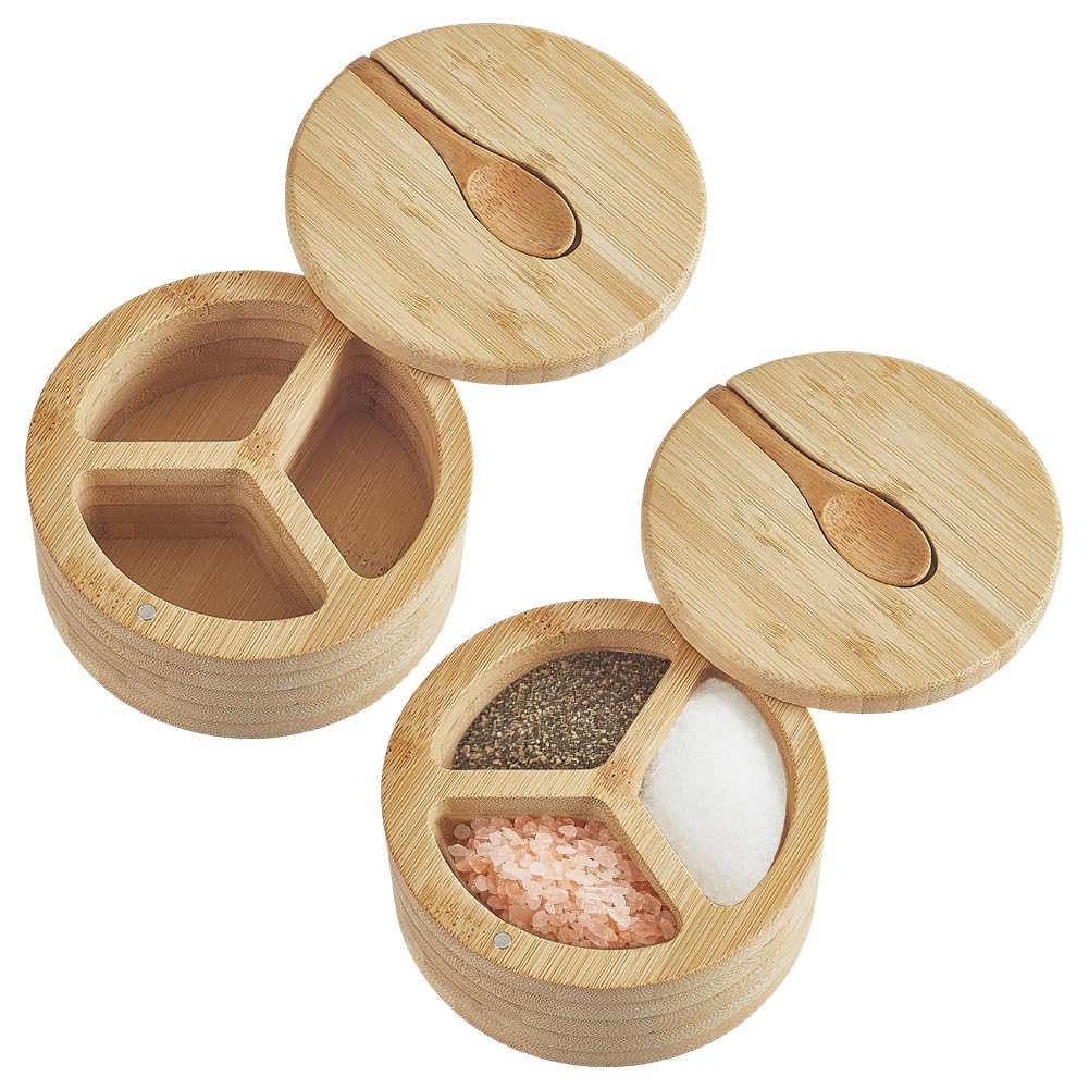 EVERJOYCRAFT 2pcs Wood Salt and Pepper Box 3 Compartment Salt Cellar with Swivel Lid and Built in Spoon for Countertop Spice Seasoning Condiment Jar Pepper Holder Bowl for Kitchen Storing Sugar Herbs