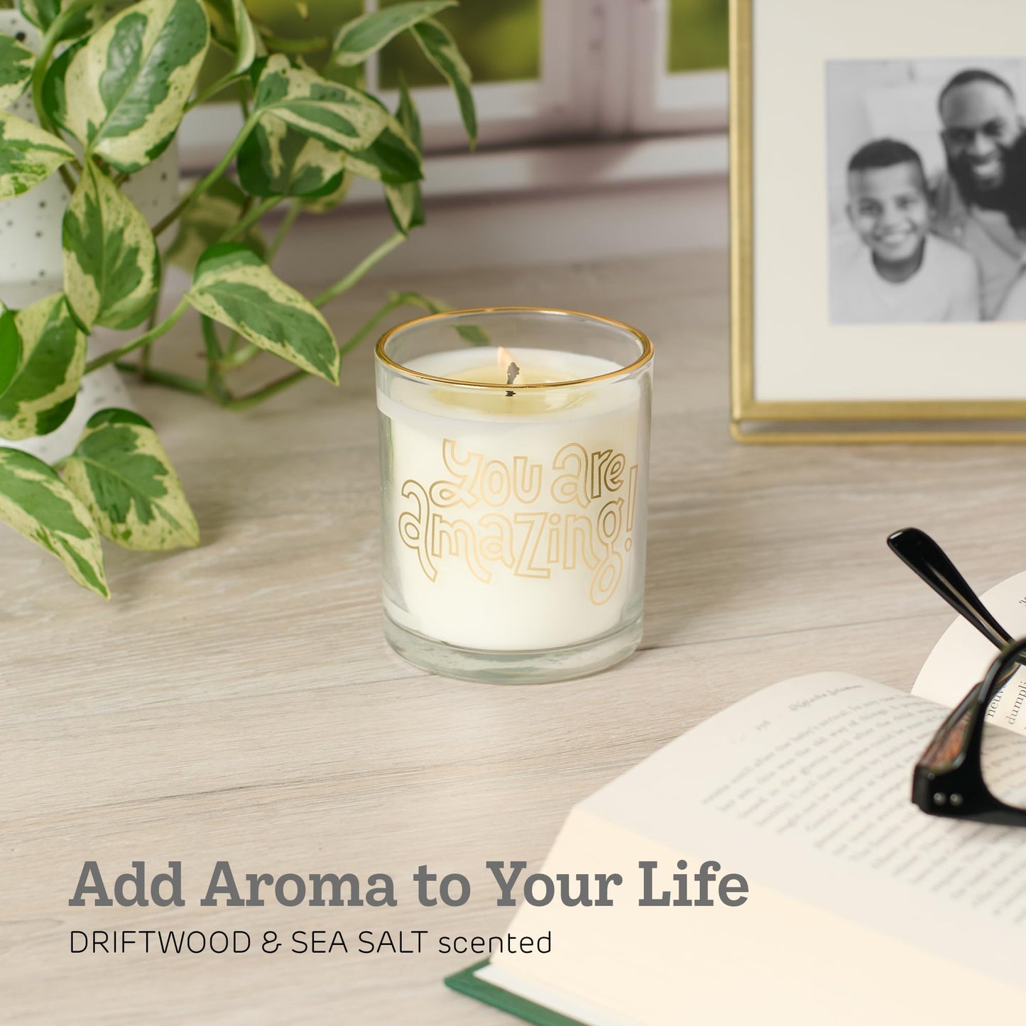 With Love Driftwood & Sea Salt Scented Candle, Soy Wax, Pure Essential Oils, You are Amazing Sentiment, Friendship Gifts, White and Gold Design Glass Jar, 40 Hours Burn Time