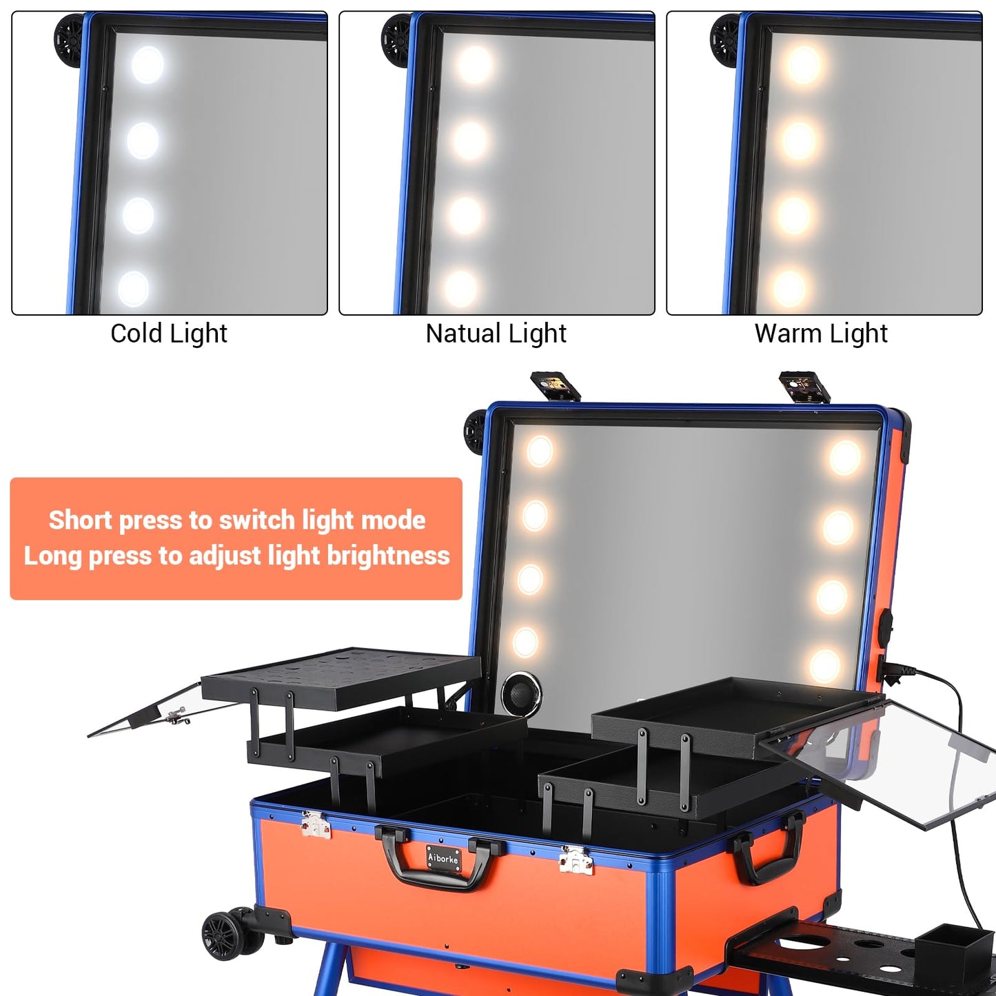Aiborke Rolling Makeup Train Case with Lighted Mirror and Bluetooth Speaker Professional Cosmetic Organizer Case with Wheels, Stands Portable Makup Station Vanity for Travel (Orange, Large)