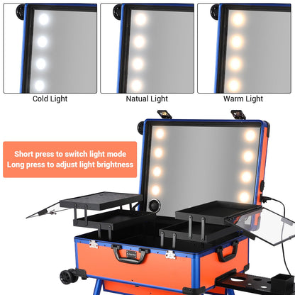 Aiborke Rolling Makeup Train Case with Lighted Mirror and Bluetooth Speaker Professional Cosmetic Organizer Case with Wheels, Stands Portable Makup Station Vanity for Travel (Orange, Large)