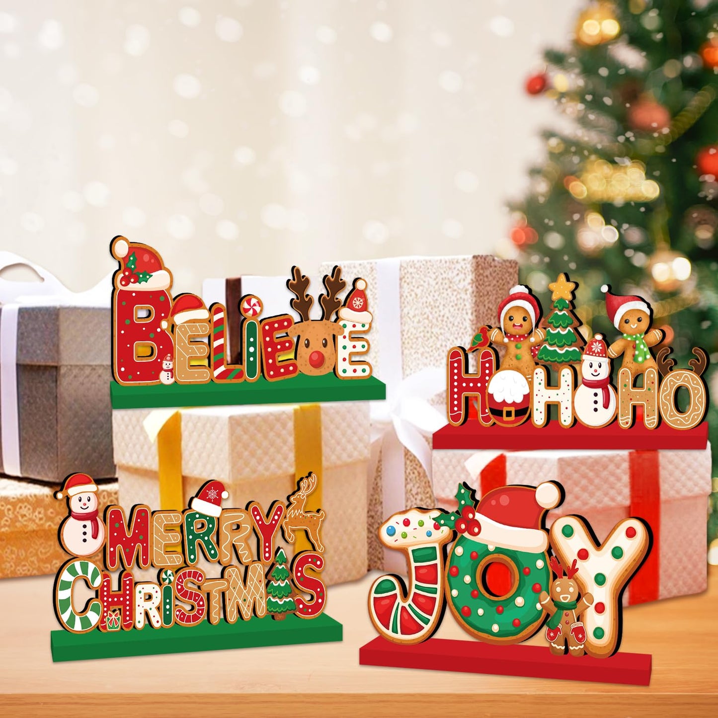 4pcs Gingerbread Christmas Decorations Wooden Table Centerpieces Gingerbread Merry Christmas Table Decorations for Winter Holiday Xmas Home Tabletop Decor