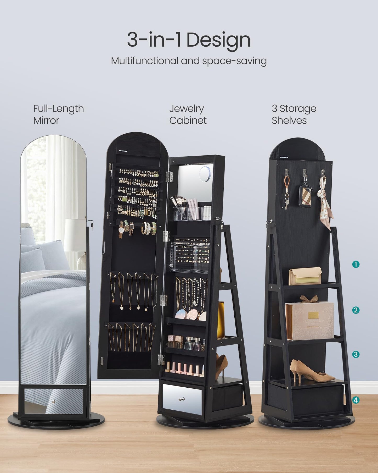 SONGMICS 360° Swivel Jewelry Cabinet, Full-Length Arched Mirror with LED Lights, Magnifying Mirror, Storage Shelves, Drawer, Ink Black UJJC030BC01