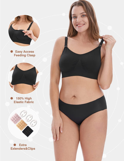 HOFISH Maternity Nursing Bras Seamless 3 Pack Sleep Bralette for Breastfeeding with Free Bra Extenders & Clips L